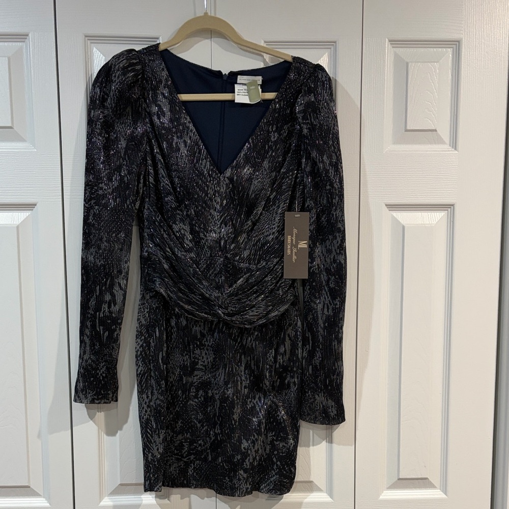 Monique Lhuillier Black and Silver Long Sleeve Dress